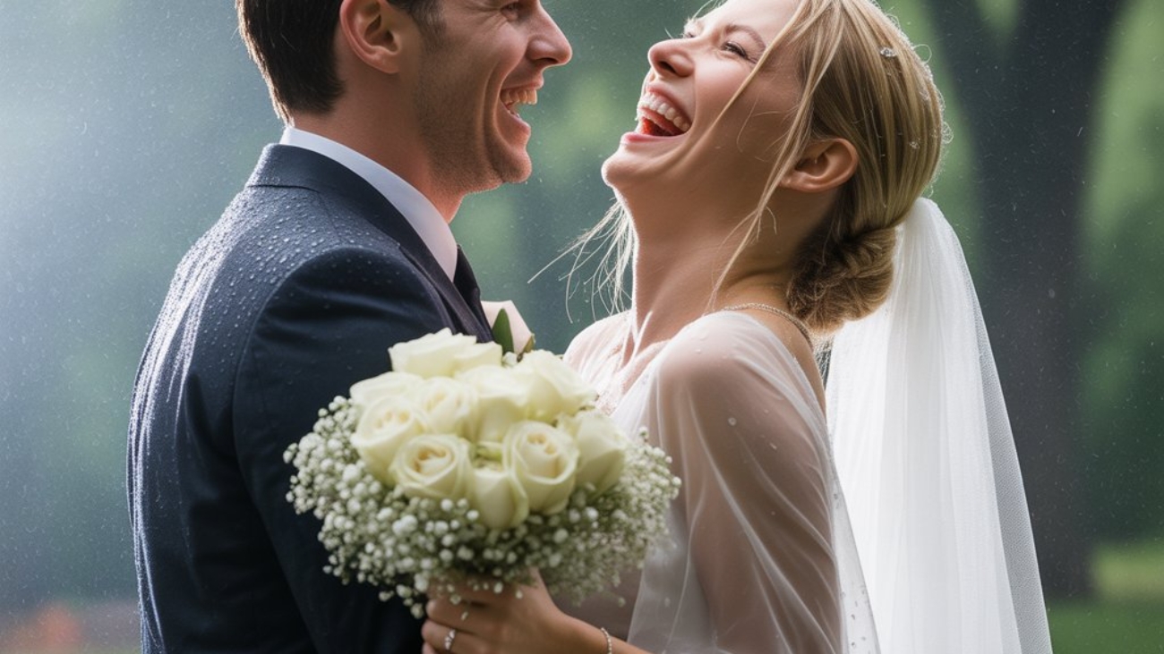 couple walking in rain wedding shoot