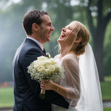 couple walking in rain wedding shoot