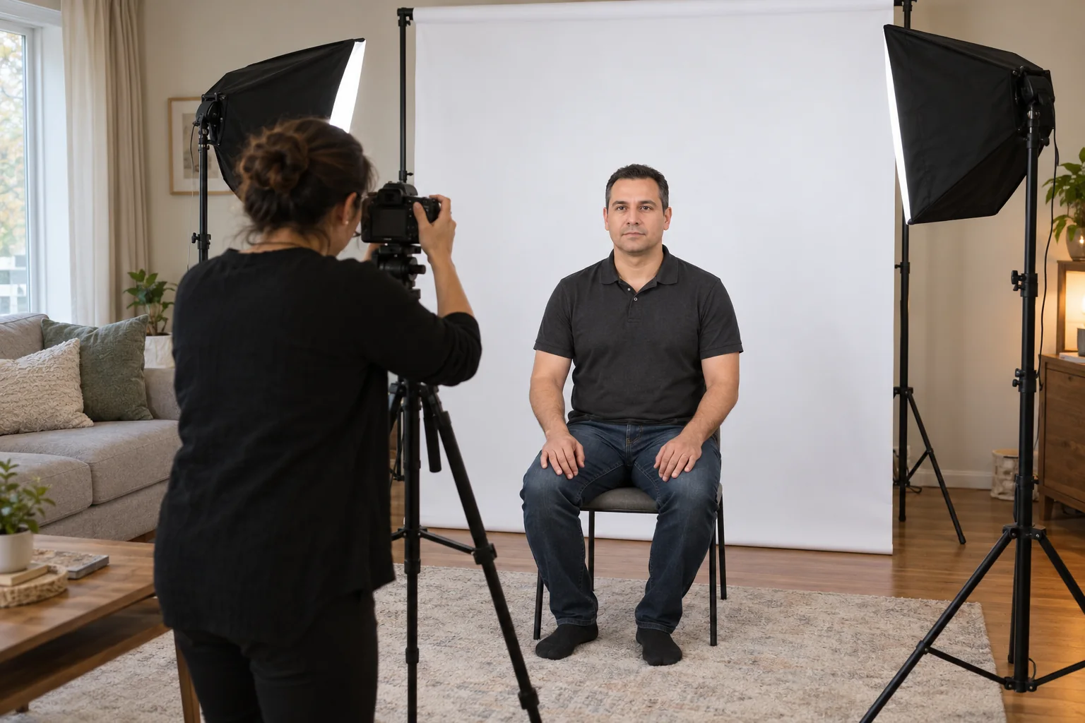 Illustration of an at-home visa photo session with a seated adult and portable white backdrop