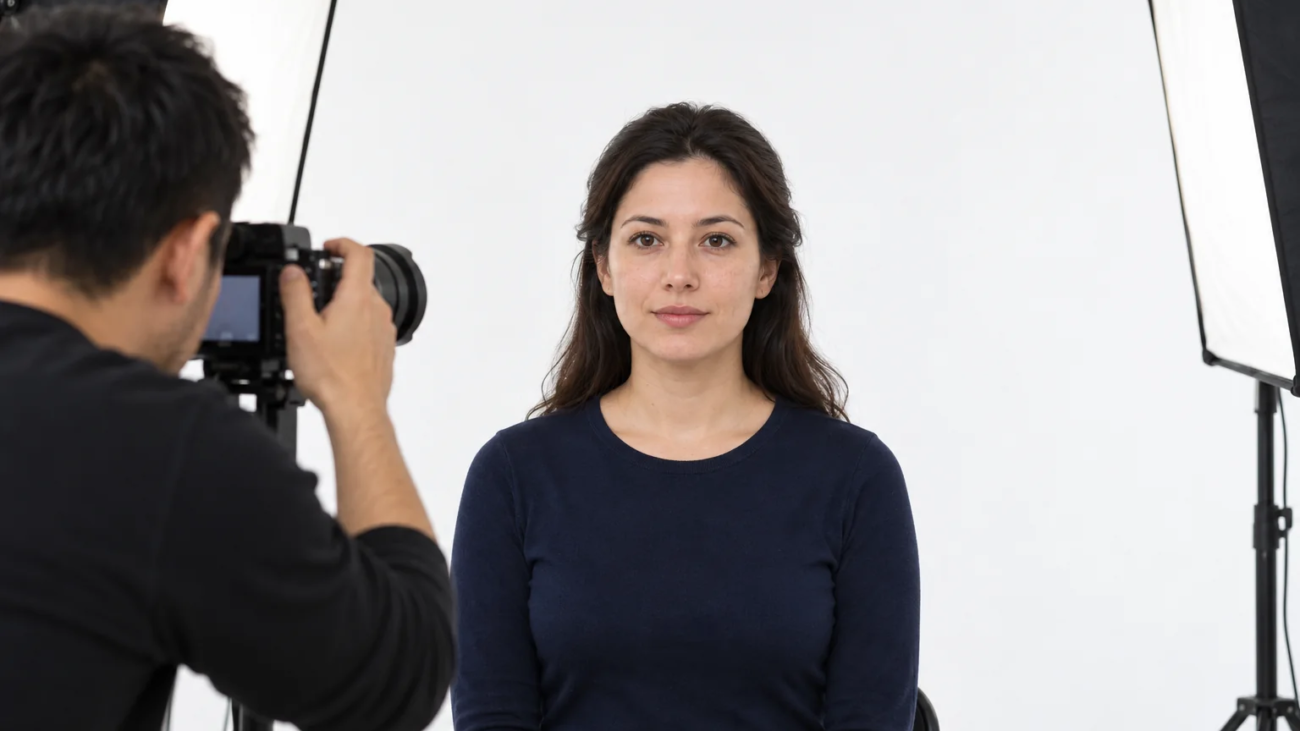 Illustration of a studio visa photo session with an adult facing the camera against a white background