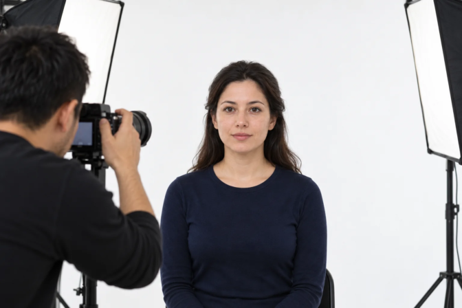 Illustration of a studio visa photo session with an adult facing the camera against a white background