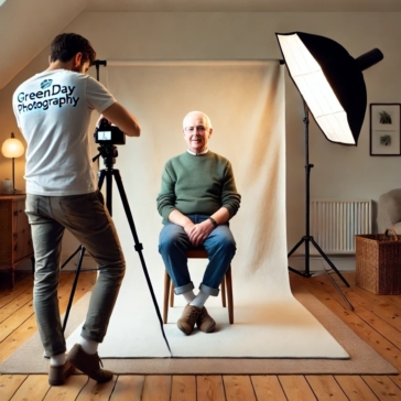 At-home passport photography for an elderly subject, with a white backdrop and professional lighting setup, creating a relaxed and welcoming environment.