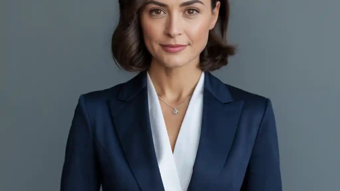 Corporate-style headshot taken in studio with grey background