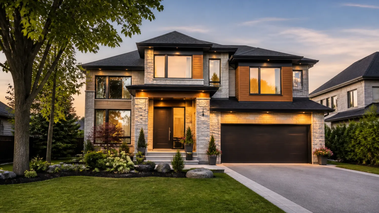 Professional real estate photography of a modern Richmond Hill home at golden hour
