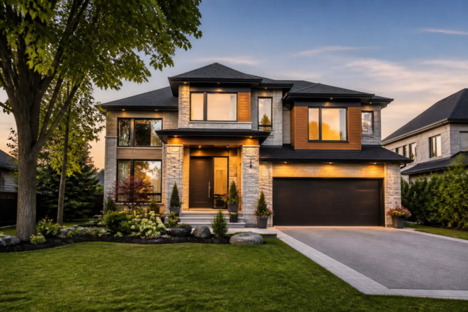 Professional real estate photography of a modern Richmond Hill home at golden hour