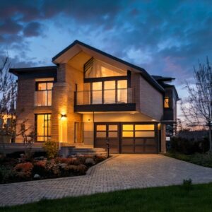 High-resolution aerial real estate photo of Markham houses, streets, and trees in daylight.