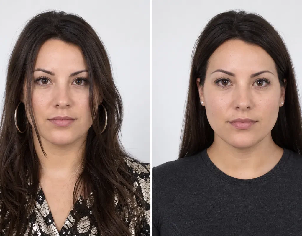 Passport photo outfit comparison: reflective accessories versus a simple matte top