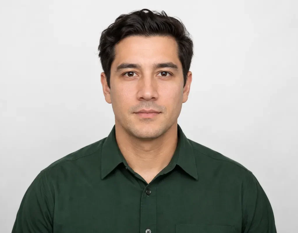 Man wearing a solid forest-green shirt for a Canadian passport photo