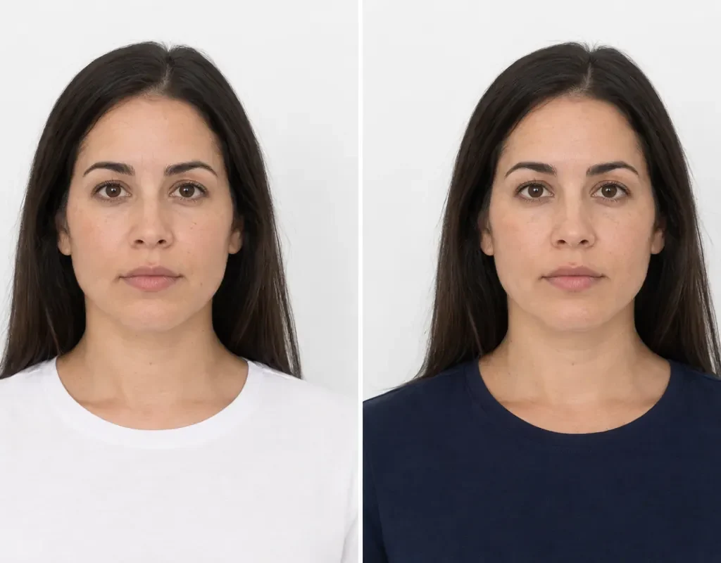 Canadian passport photo clothing comparison: white top versus navy top