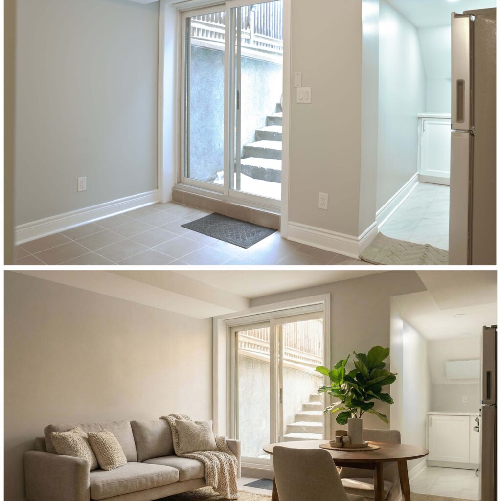 AI-enhanced furniture and real estate photography highlighting a modern open-concept home interior