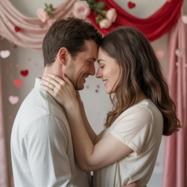 Valentine’s Day photoshoot in Toronto featuring a couple in a warm and romantic setting.