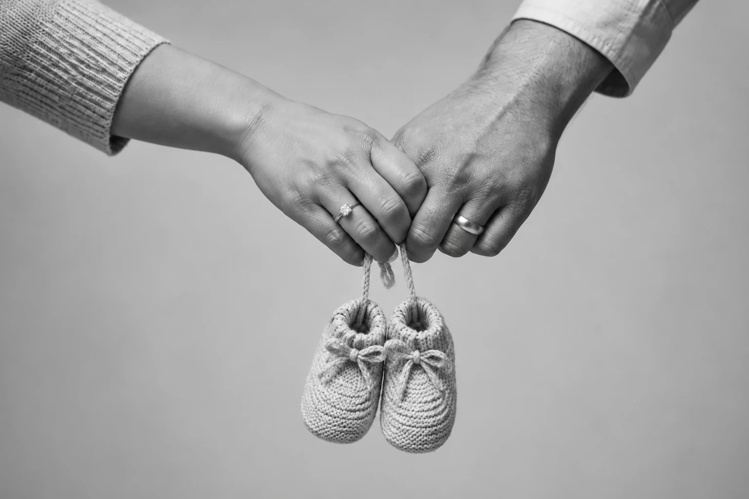 Black-and-white maternity detail of an expecting couple holding knitted newborn booties