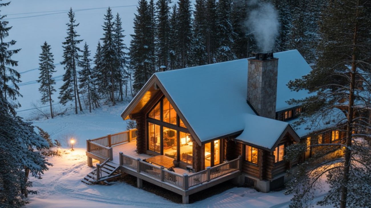 winter luxury cottage Airbnb with snow and warm lighting