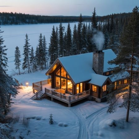 winter luxury cottage Airbnb with snow and warm lighting