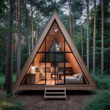 Luxury A-frame Airbnb cabin in snowy forest near lake in Ontario with large glass windows