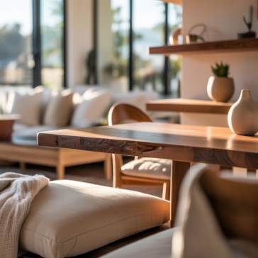 Interior detail of modern Airbnb house with wood textures and soft lighting