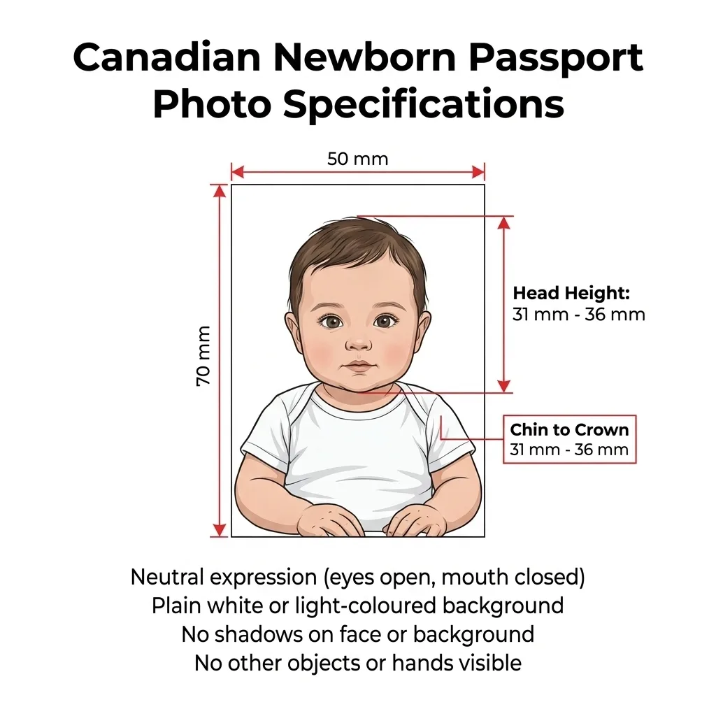Canadian newborn passport photo size 50 by 70 mm and face measurement guide