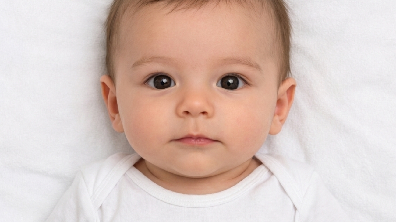 baby passport photo taken on white blanket background