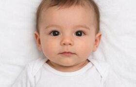 baby passport photo taken on white blanket background