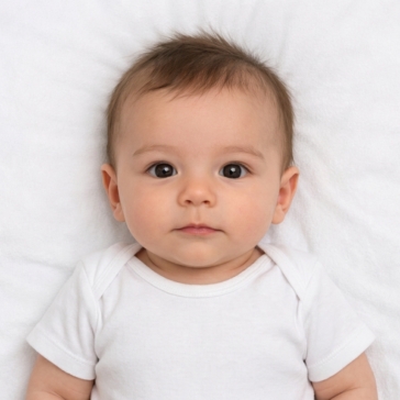 baby passport photo taken on white blanket background