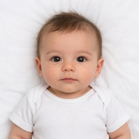 baby passport photo taken on white blanket background