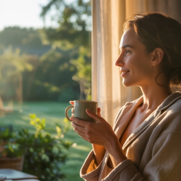 Airbnb lifestyle photography with person enjoying coffee near window