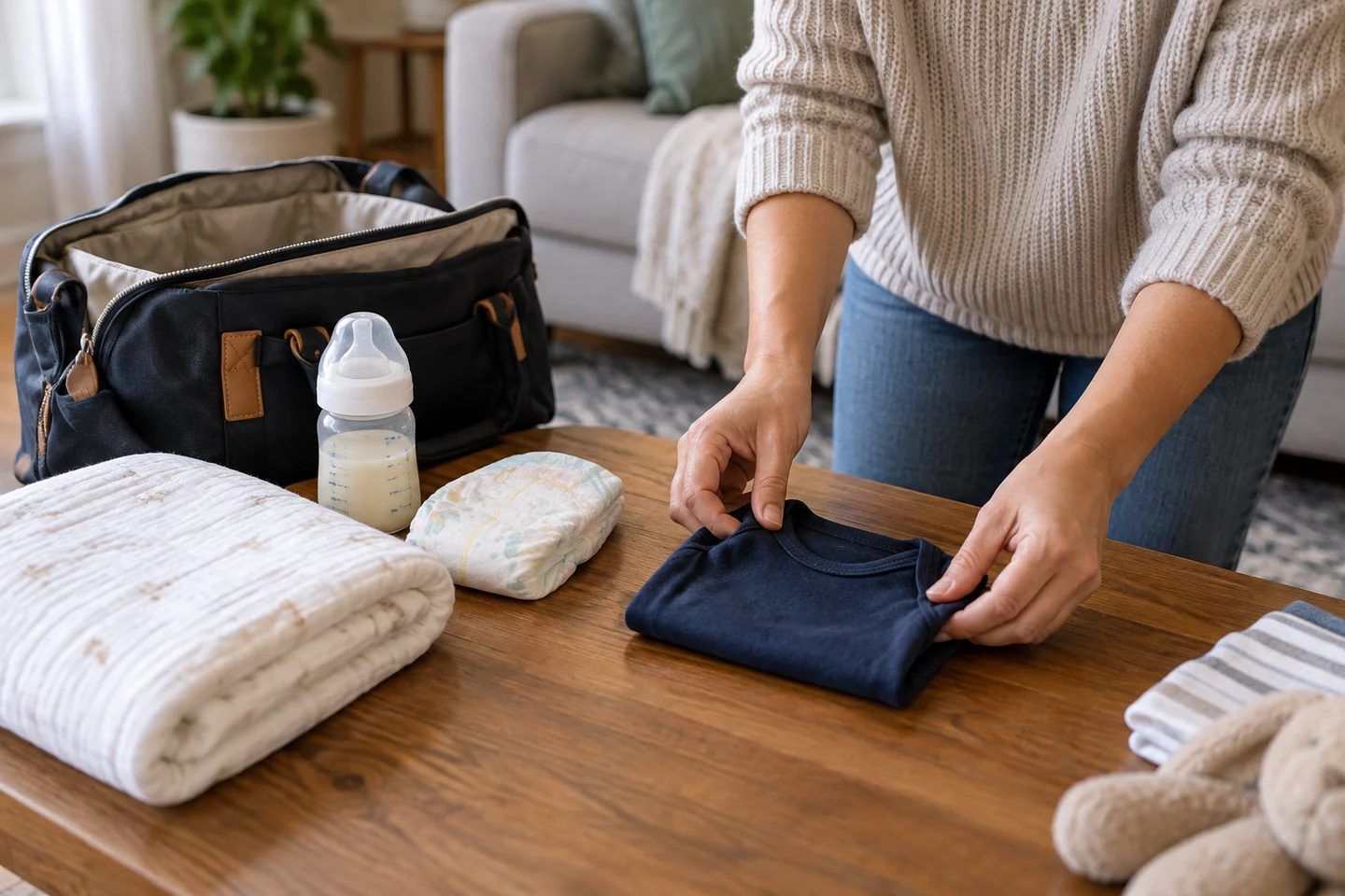 Parent folding a navy baby top beside a white blanket, feeding bottle and spare diaper