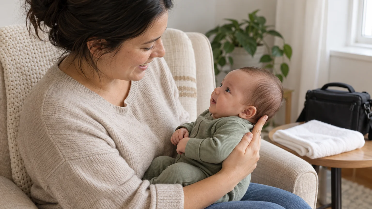 AI-generated educational illustration of a parent comforting a baby before a passport photo appointment