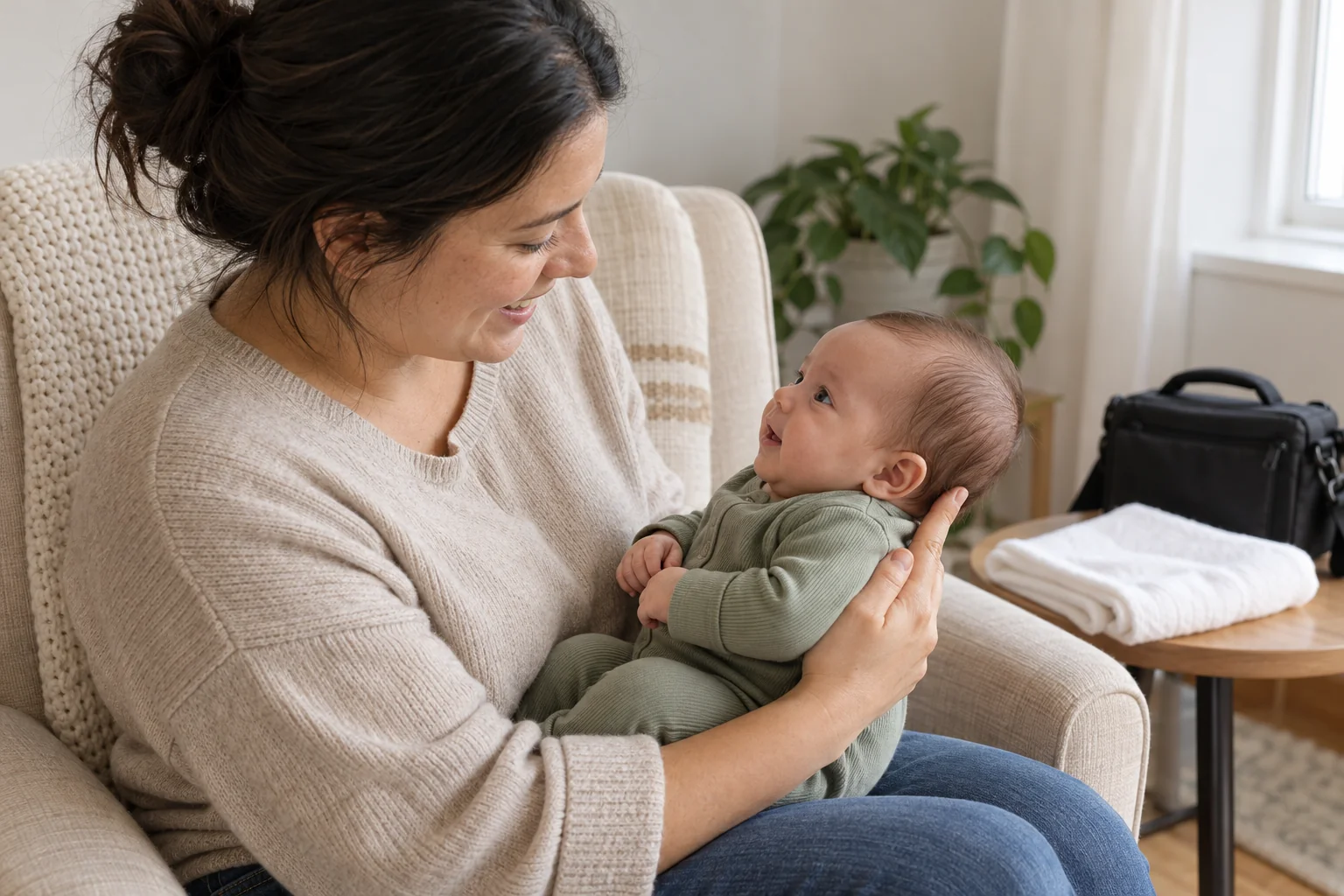 AI-generated educational illustration of a parent comforting a baby before a passport photo appointment