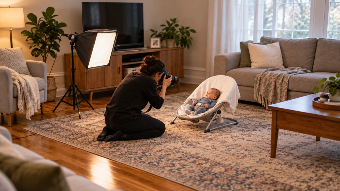 Photographer and awake baby during an illustrative home photo appointment with portable lighting