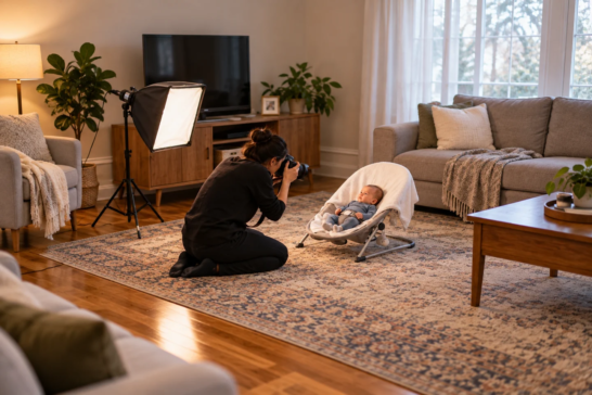 Photographer and awake baby during an illustrative home photo appointment with portable lighting