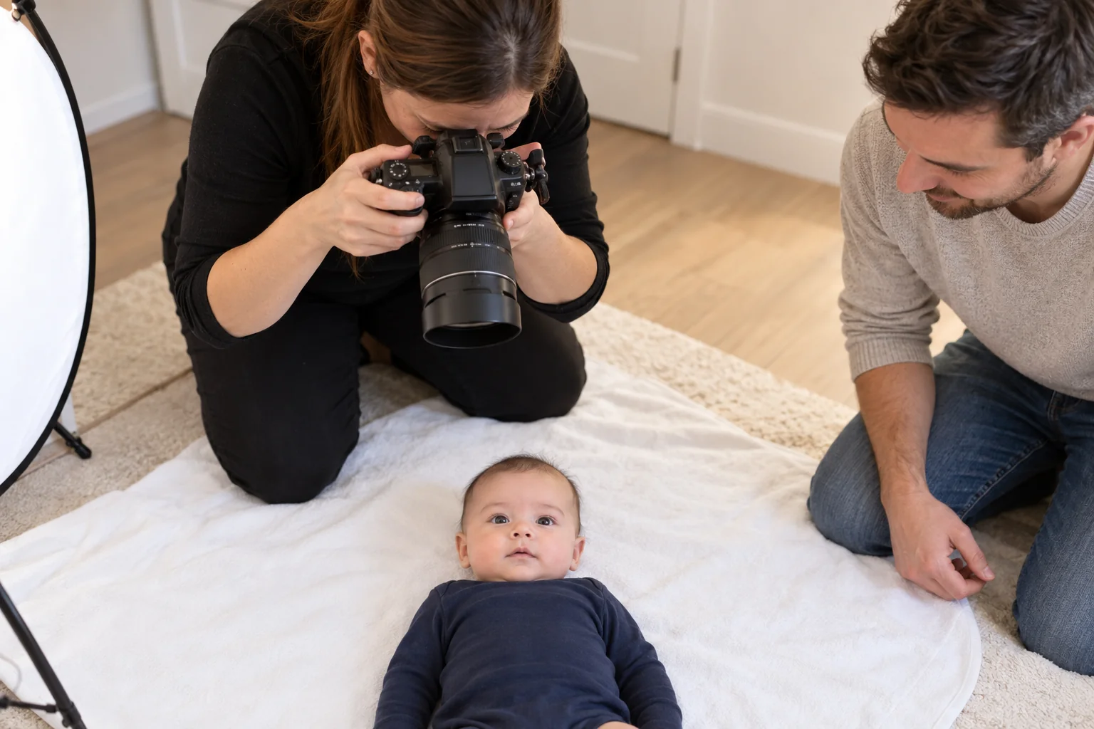 AI-generated educational illustration of a photographer preparing an infant photo at home with a parent nearby