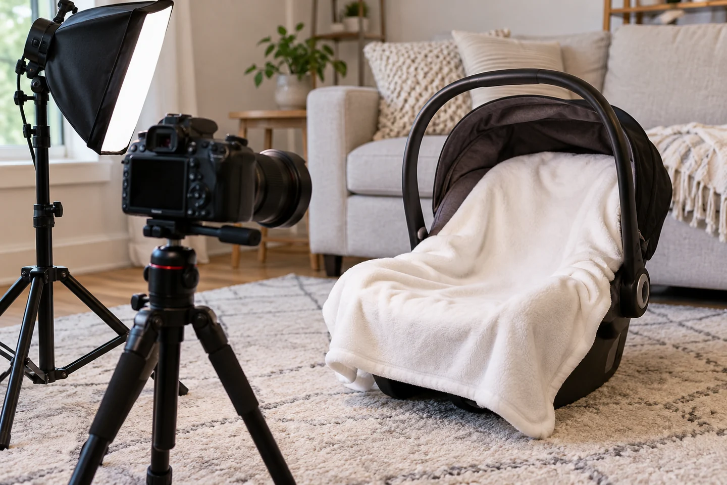 Portable camera, softbox light and white blanket arranged for an at-home baby photo appointment