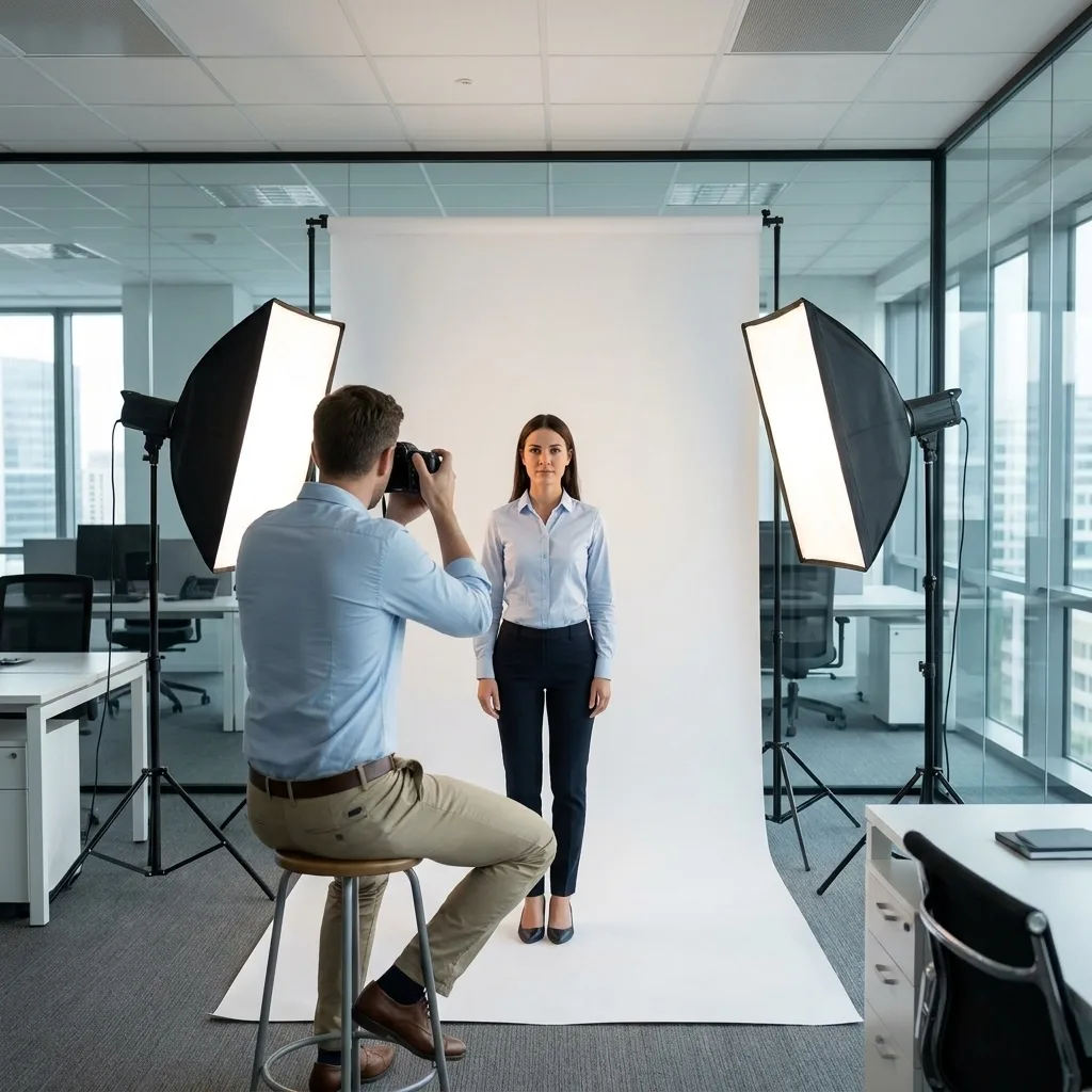 Photographer facing a woman against a white backdrop between two lights in an office