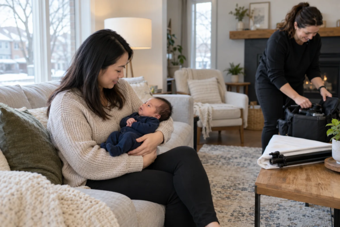 Parent cradling a newborn while a photographer unpacks equipment in a living room