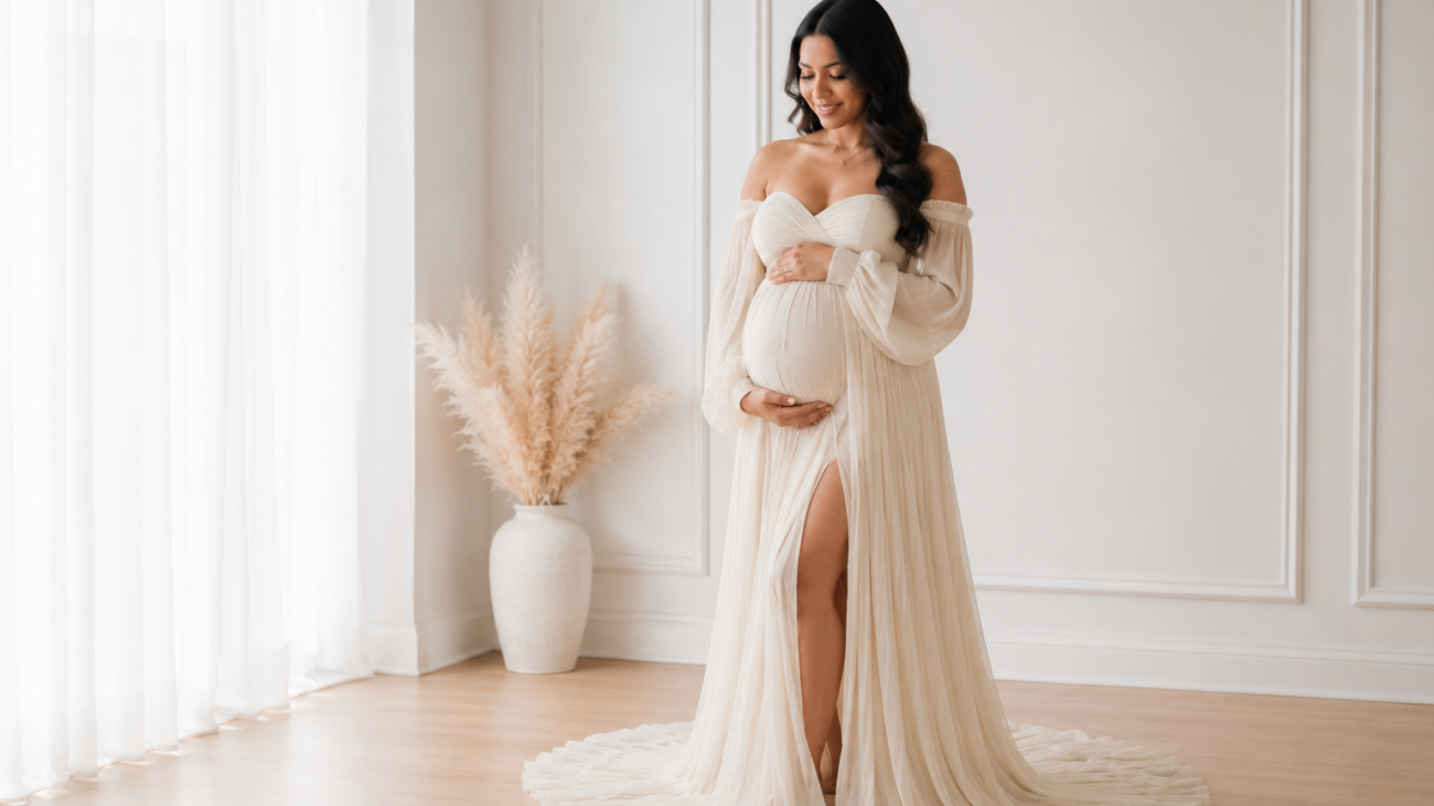 Pregnant woman wearing flowing maternity gown during studio session