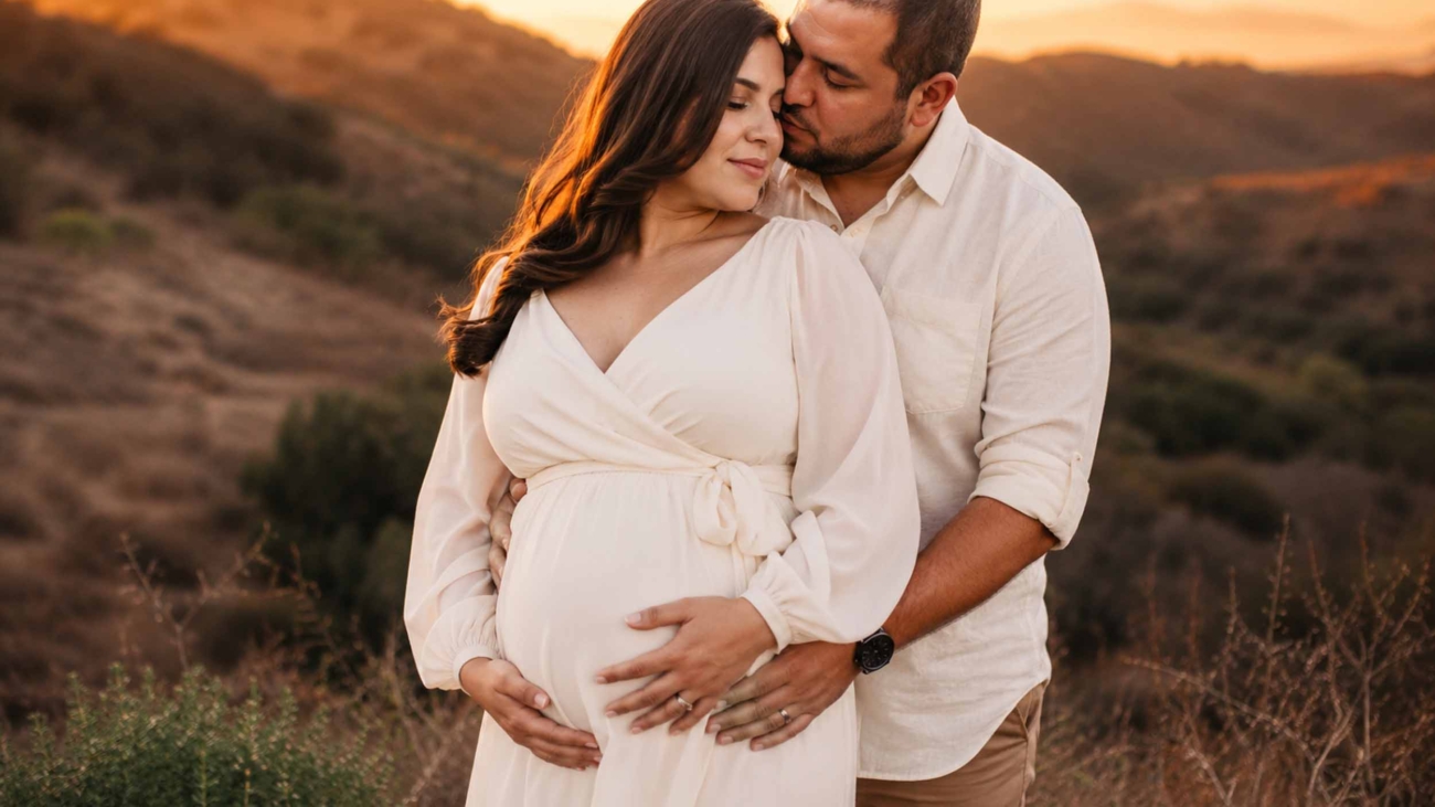 Couple maternity photoshoot with coordinated neutral outfits