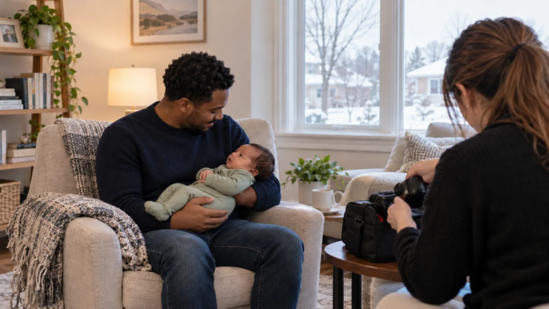 Father securely cradling a newborn while a photographer prepares camera equipment in a living room