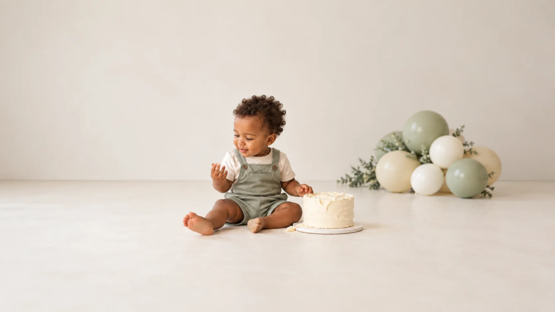 Baby in sage overalls sitting beside an ivory cake with a cream and sage balloon arrangement