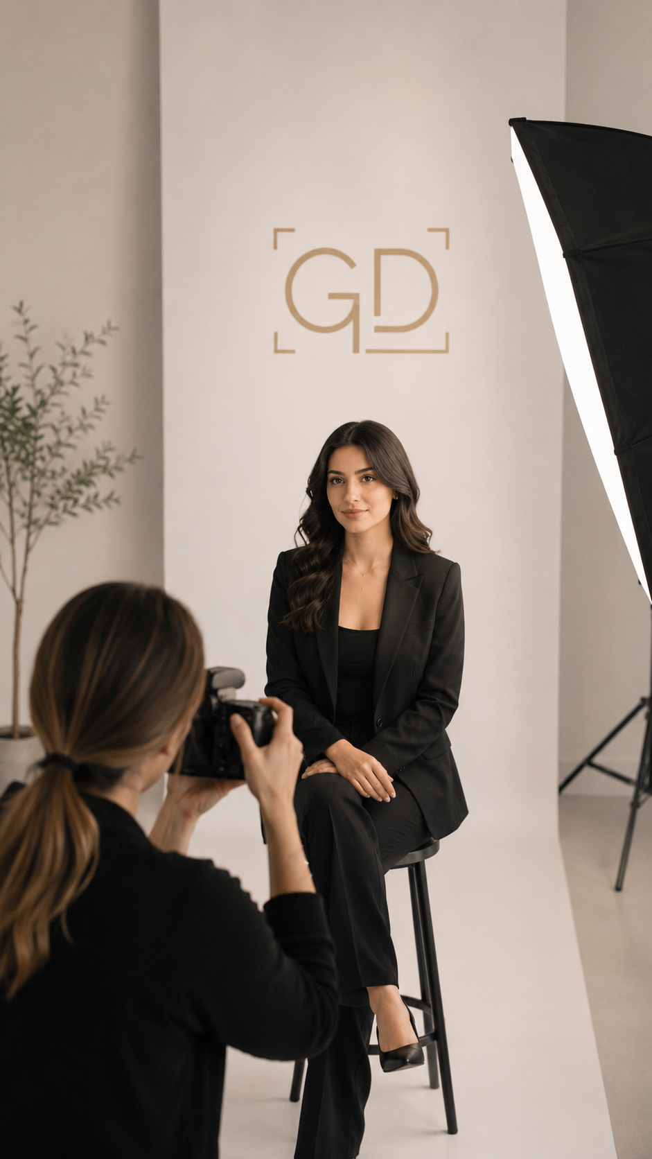 Professional female photographer capturing a business headshot in a modern photography studio in Toronto.
