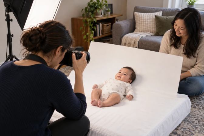 AI illustration of a photographer photographing an awake infant on a white backdrop during a home visit