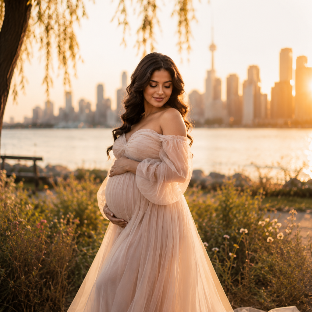 Outdoor maternity photoshoot in Toronto park during sunset