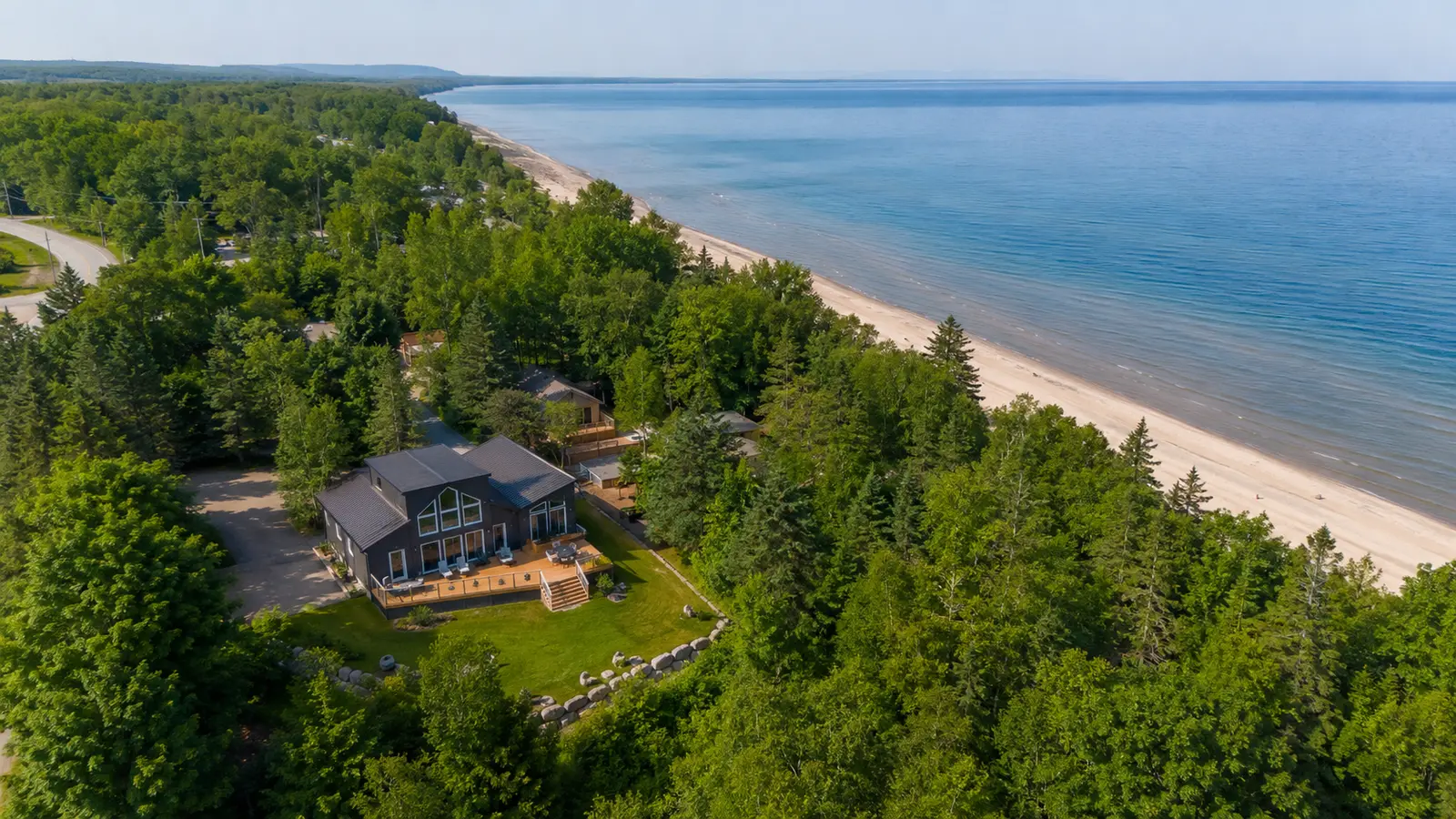 Aerial view illustrating drone coverage for a vacation rental near Georgian Bay