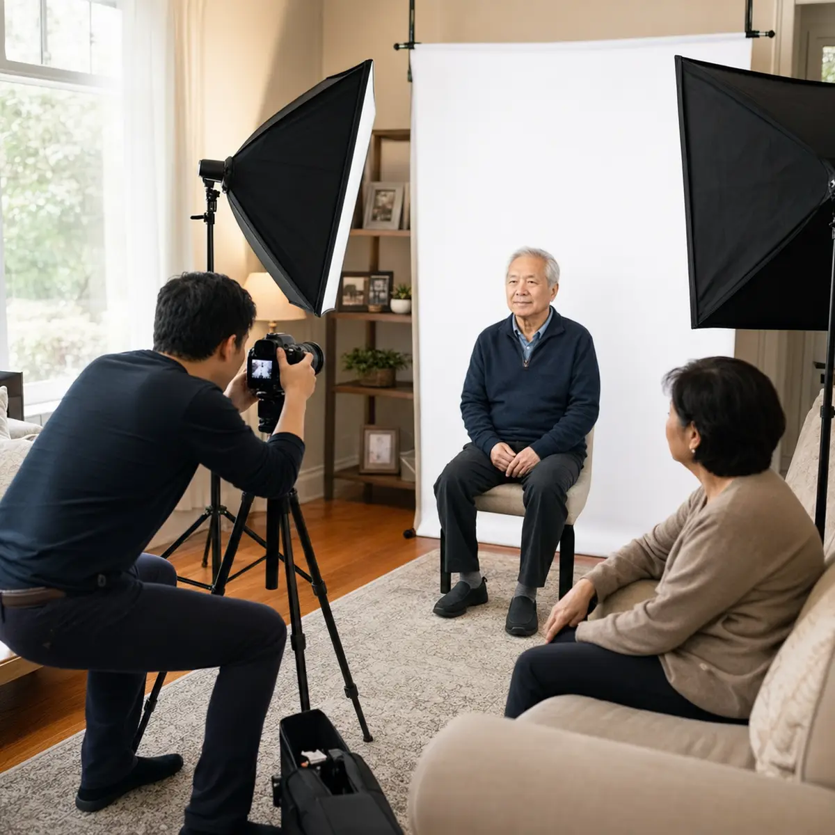 Mobile passport photo service photographing a senior at home in Toronto