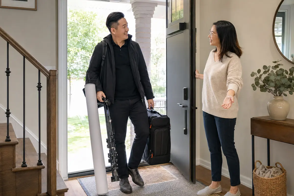 Mobile passport photographer arriving at a Toronto home with portable equipment