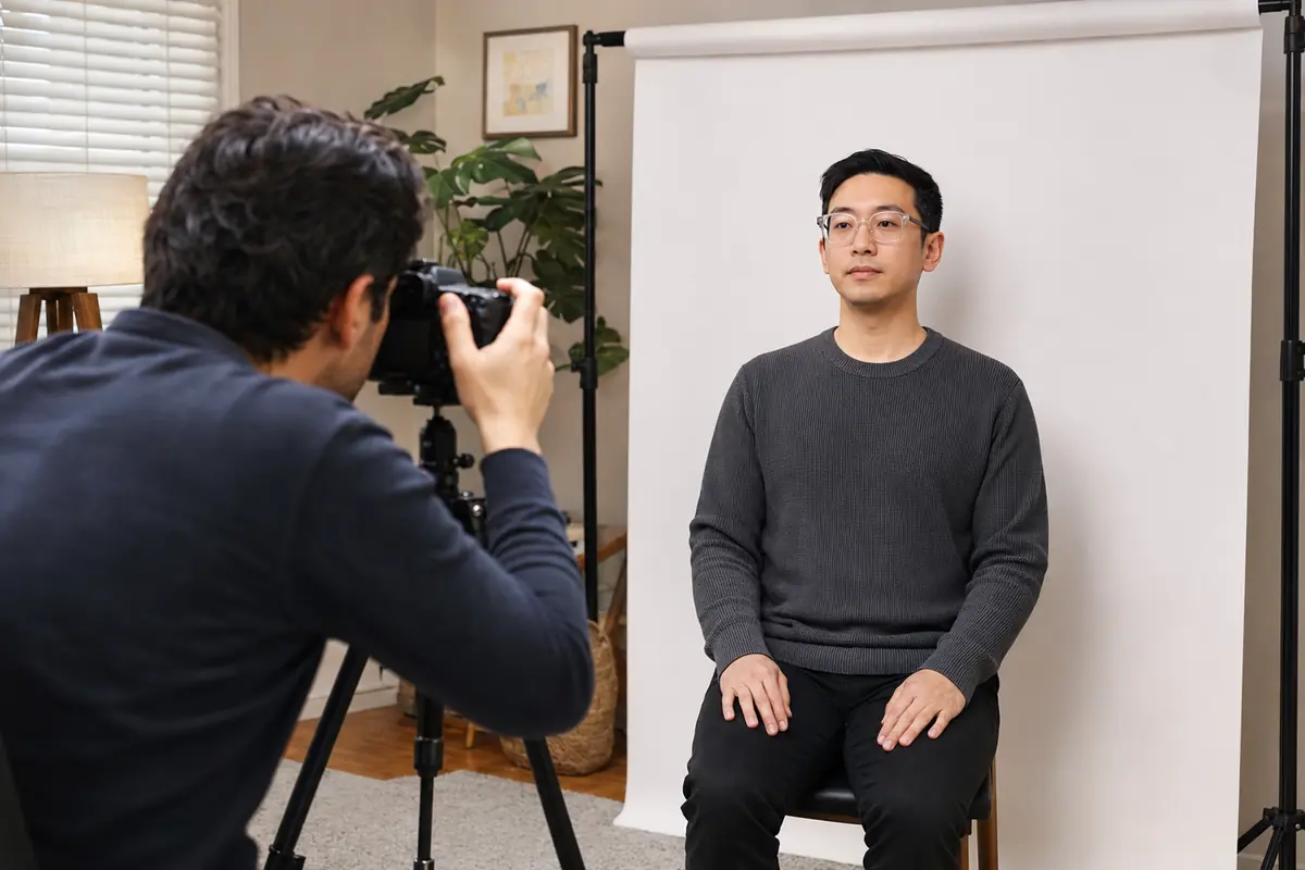 Photographer checking framing for a Canadian passport photo with clear glasses
