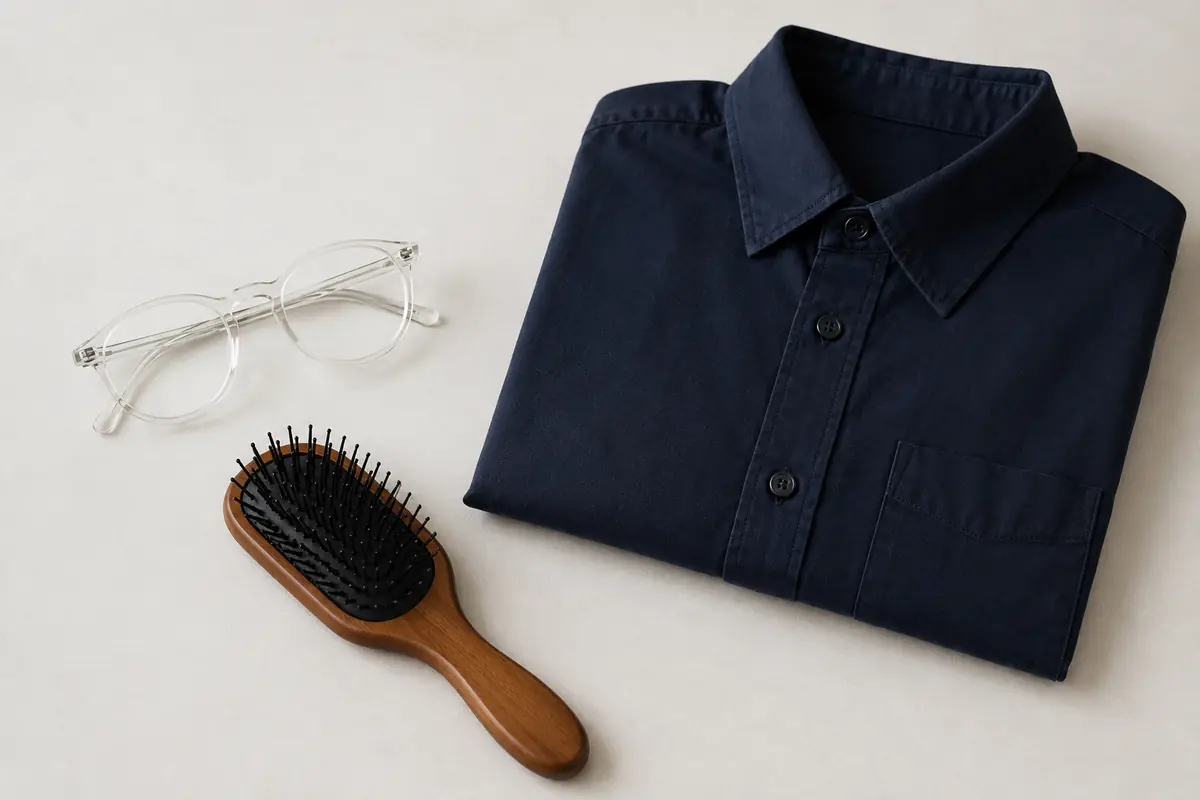 Clear glasses, dark shirt and hairbrush prepared for a Canadian passport photo