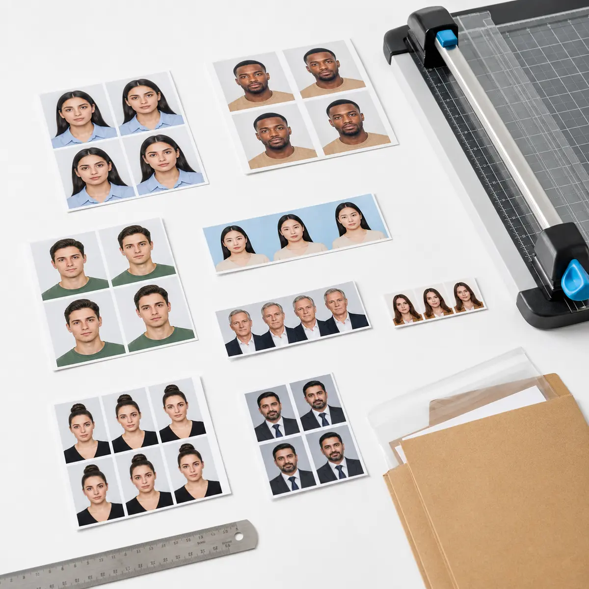Passport and visa photo prints in multiple international sizes for different countries