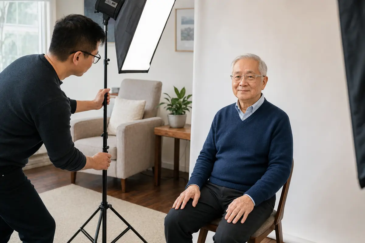 Senior wearing clear glasses during an at-home passport photo session in Toronto