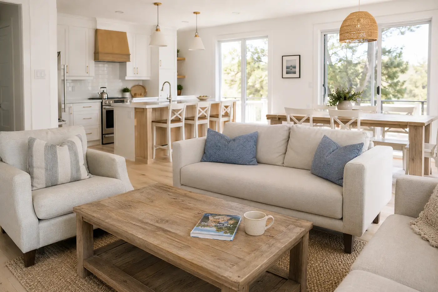Bright professionally styled vacation rental living room and kitchen